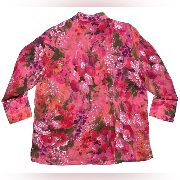 Tianello Taipei 100% Rayon Mandarin Collar Button Down Blouse Pink & Red Sz XS - Picture 7 of 11